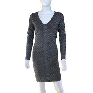 Cache Metallic Bodycon Sweater Dress Silver Black Textured Long Sleeve Size S